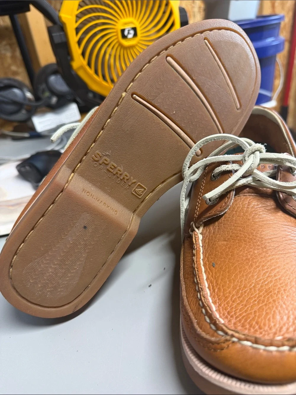 Sperry Cognac Brown Leather Boat Shoes with Cream Laces